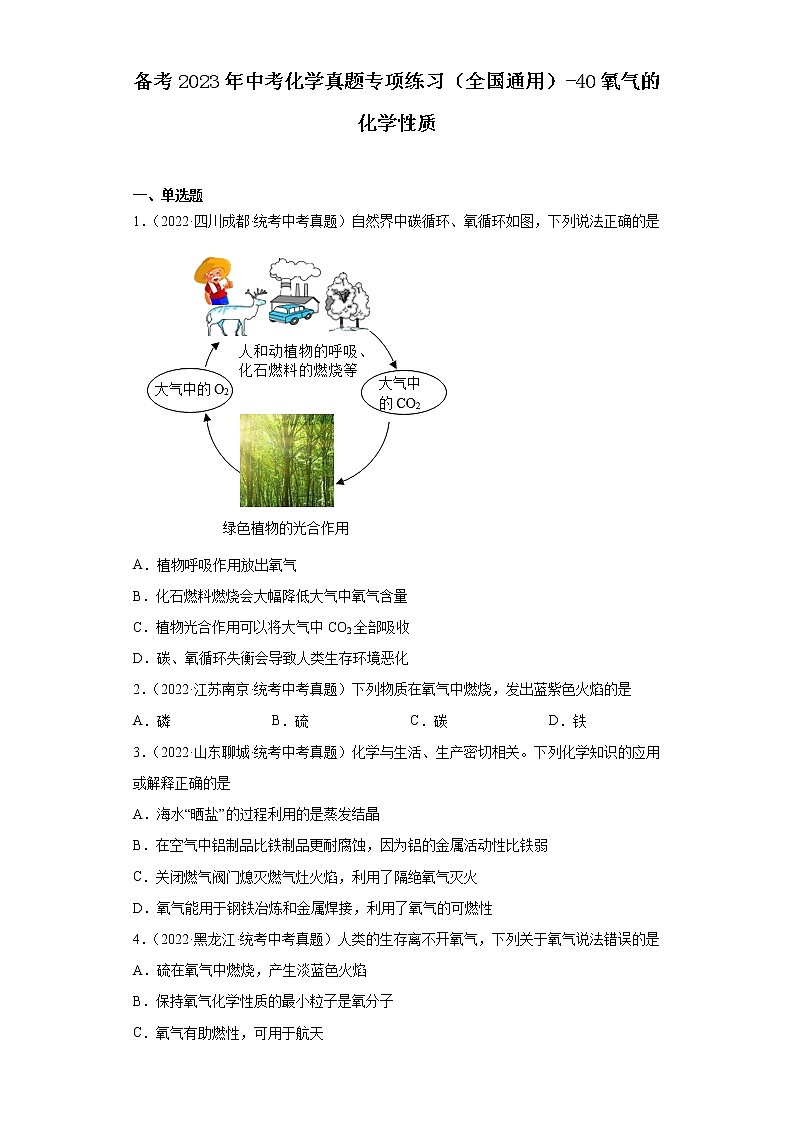 备考2023年中考化学真题专项练习（全国通用）-40氧气的化学性质第1页