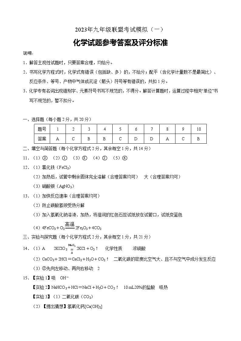 徐州市沛县2023年九年级联盟考试模拟（一）化学01