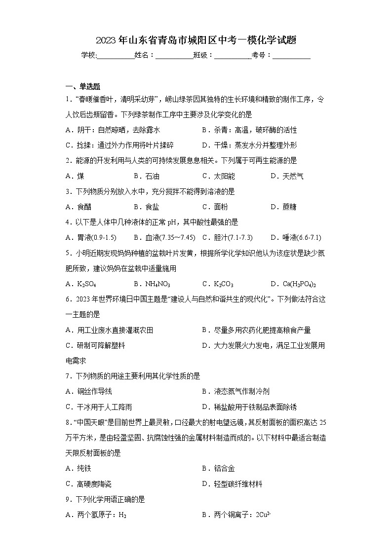 2023年山东省青岛市城阳区中考一模化学试题(含解析)01