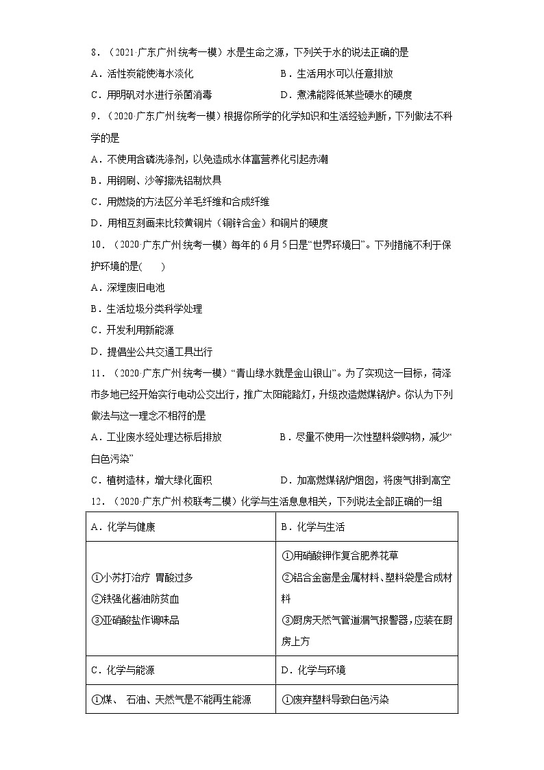 广东省广州市三年（2020-2022）中考化学模拟题分题型分层汇编-59化学与环境03