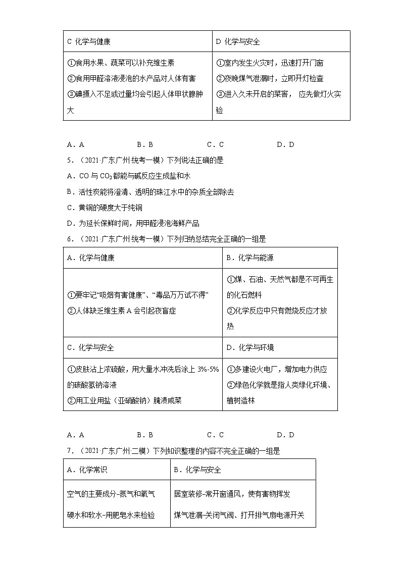 广东省广州市三年（2020-2022）中考化学模拟题分题型分层汇编-51对人体健康危害的物质02