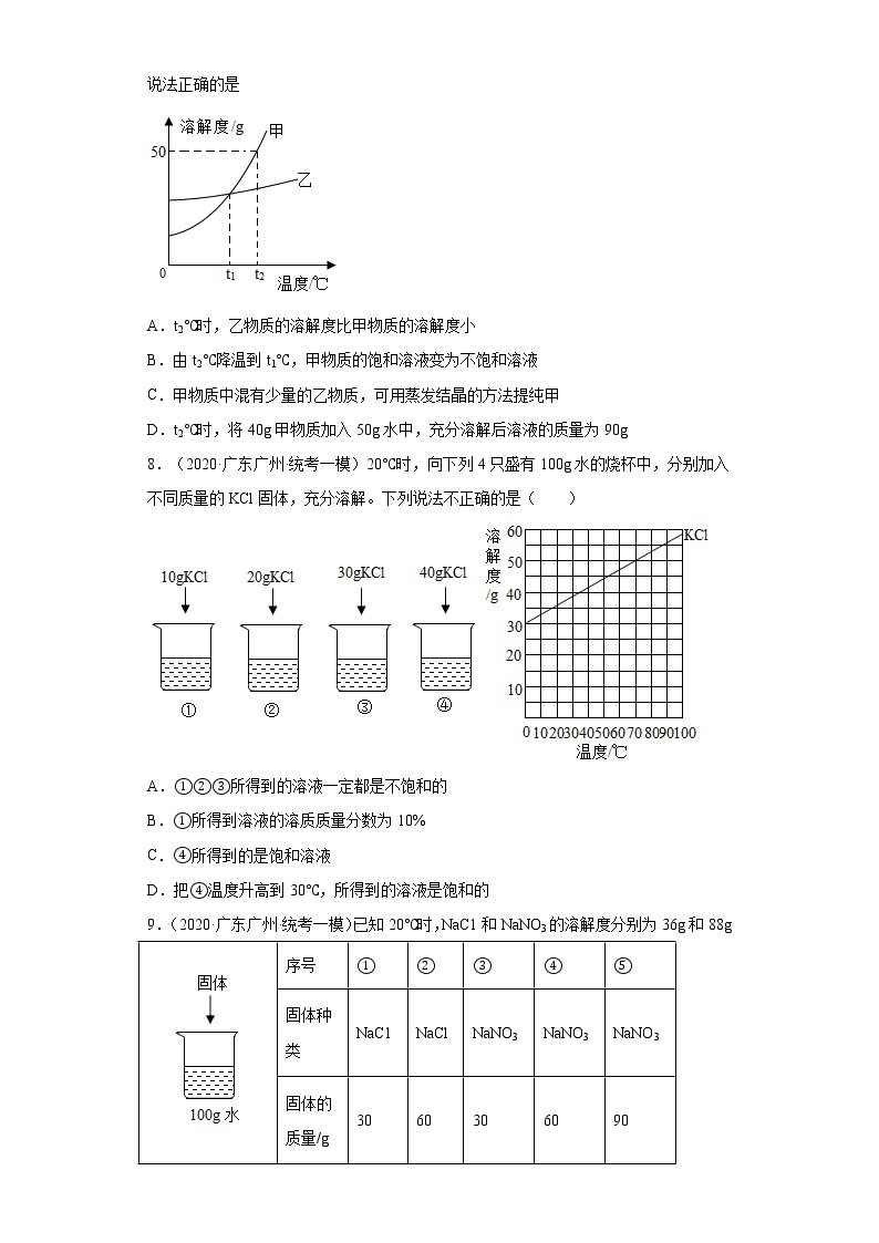广东省广州市三年（2020-2022）中考化学模拟题分题型分层汇编-36气体溶解度的影响因素及溶解度的相关计算03