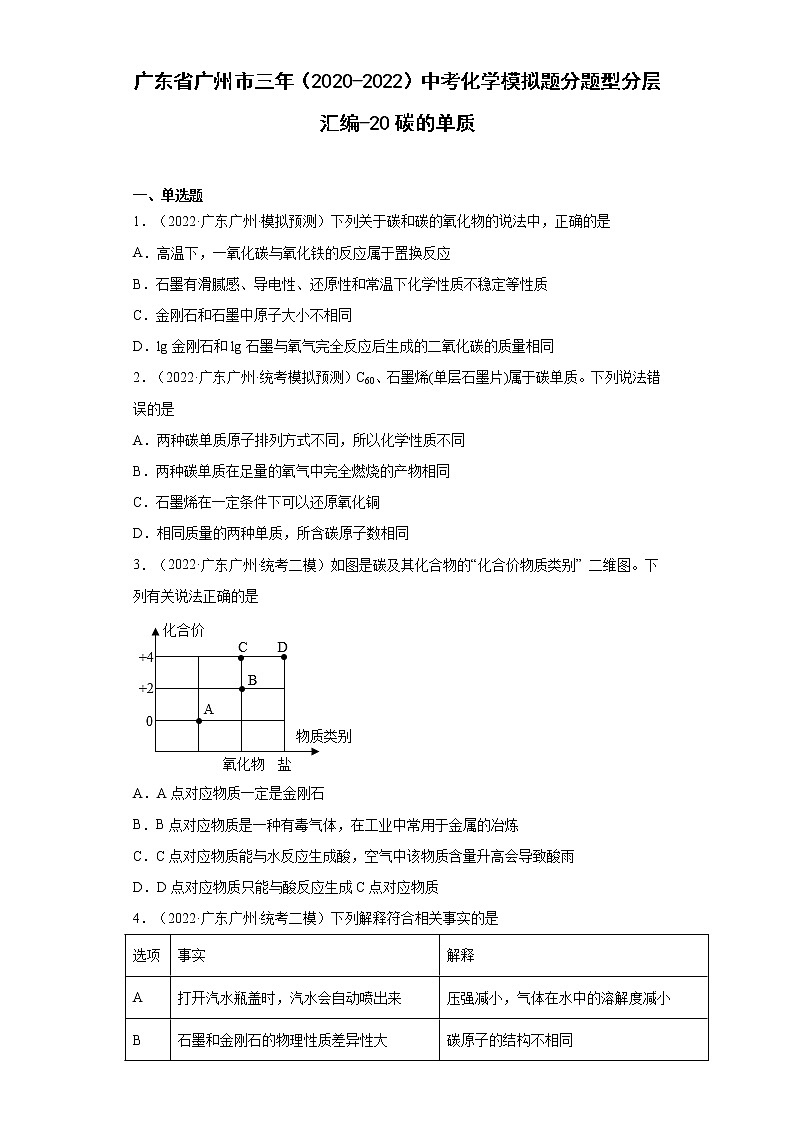 广东省广州市三年（2020-2022）中考化学模拟题分题型分层汇编-20碳的单质第1页