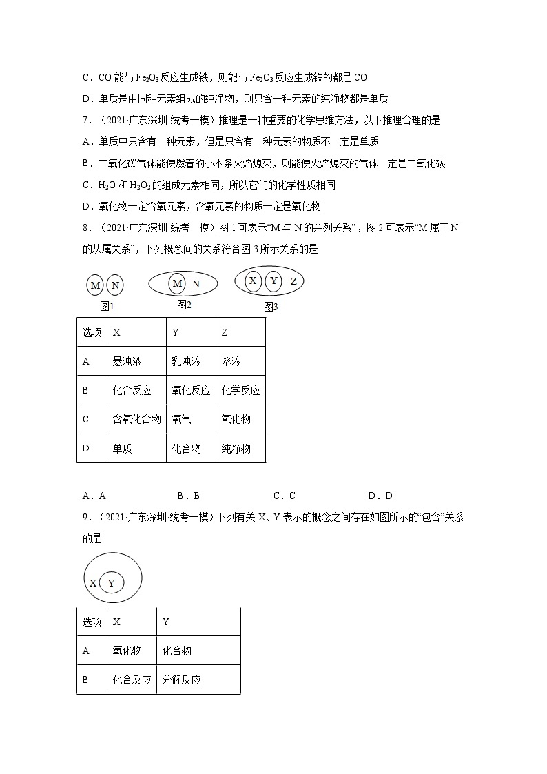 广东省深圳市三年（2020-2022）中考化学模拟题分题型分层汇编-11纯净物和混合物的判断、单质和化合物的判断、有机物定义和常见的有机物02