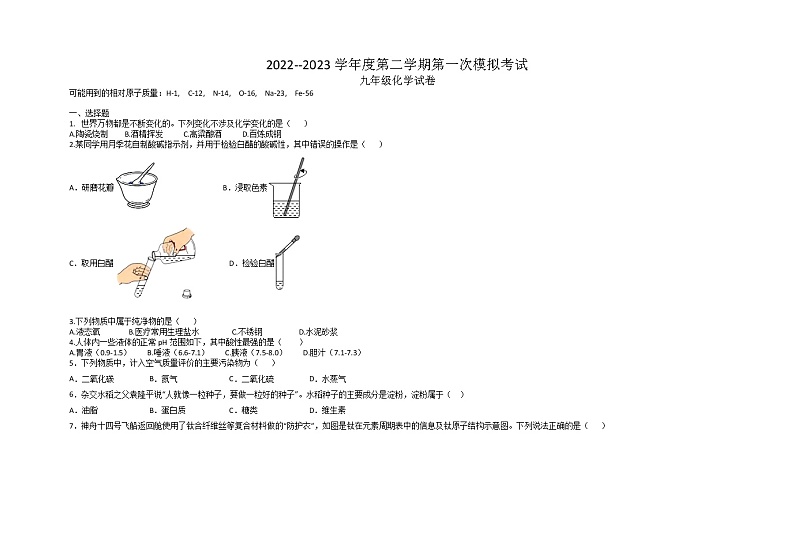 2023年广东省东莞市松山湖实验学校、中堂中学第一次模拟考试化学卷第1页