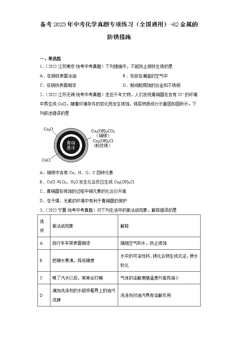 备考2023年中考化学真题专项练习（全国通用）-62金属的防锈措施第1页