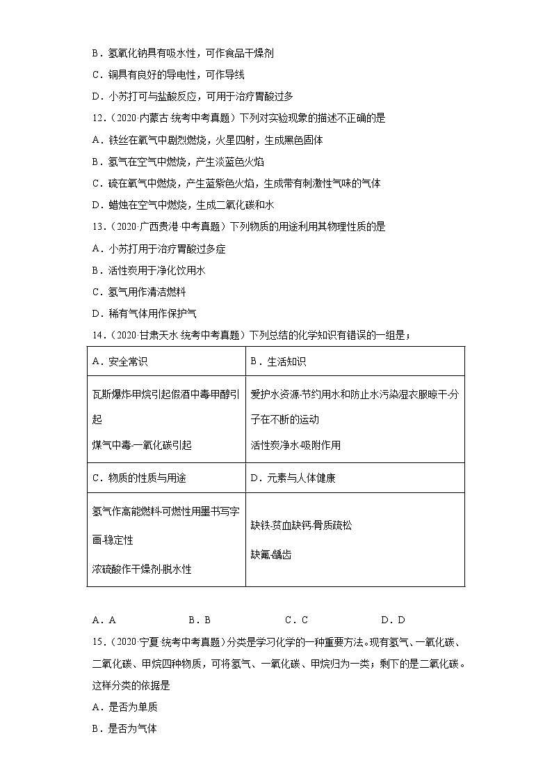 备考2023年中考化学真题专项练习（全国通用）-72氢的可燃性03