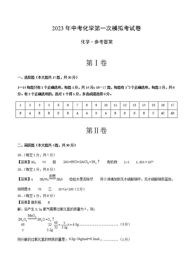 化学（上海卷）-2023年中考第一次模拟考试卷01