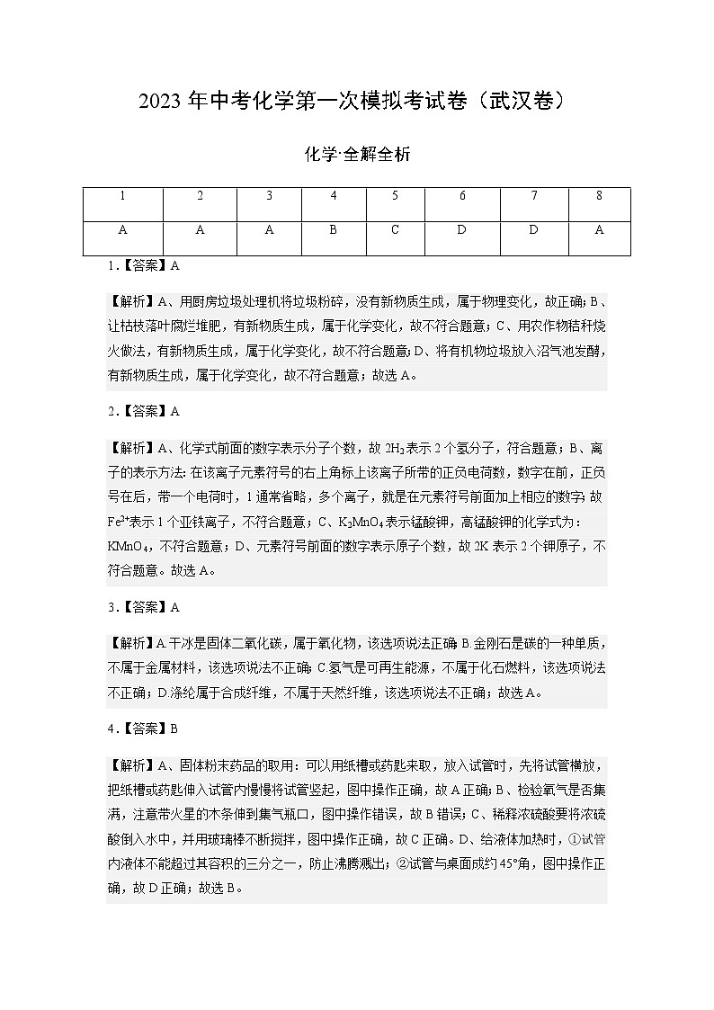 化学（武汉卷）-2023年中考第一次模拟考试卷01