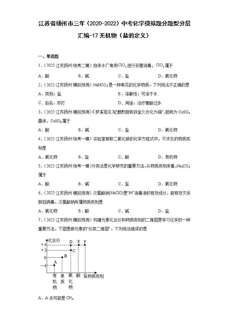 江苏省扬州市三年（2020-2022）中考化学模拟题分题型分层汇编-17无机物（盐的定义）第1页