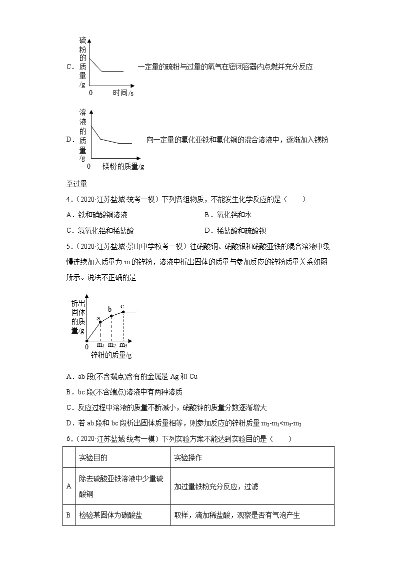 江苏省盐城市三年（2020-2022）中考化学模拟题分题型分层汇编-44金属与盐溶液反应02
