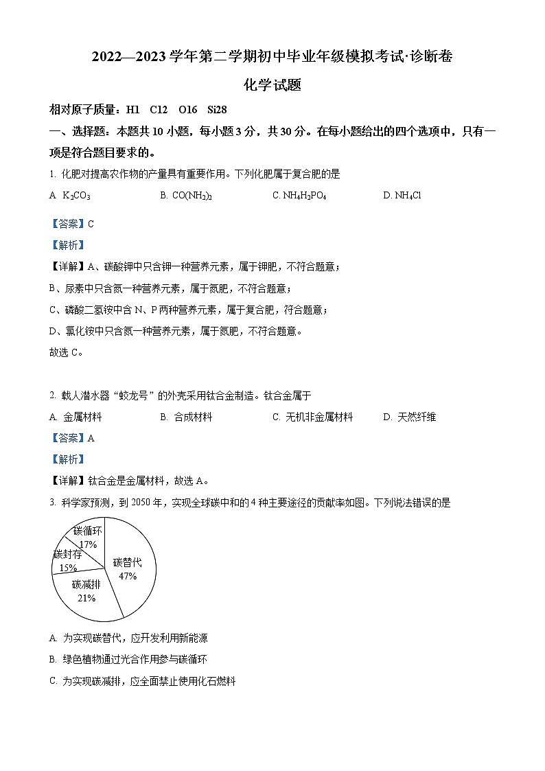精品解析：2023年福建省初中毕业年级百校联考化学试题01