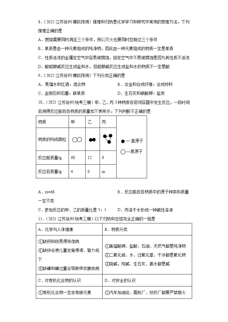 江苏省徐州市三年（2020-2022）中考化学模拟题分题型分层汇编-02化学物质的多样性03