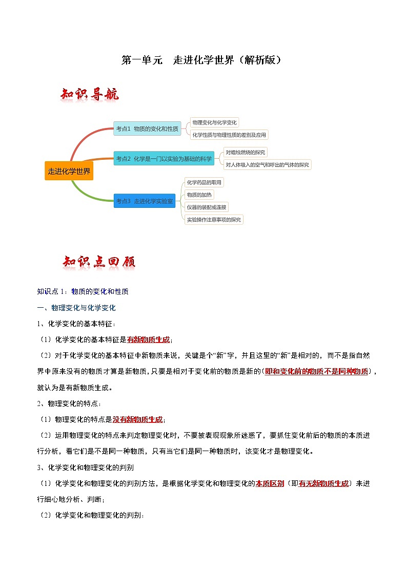 第1单元 走进化学世界—中考（化学）一轮复习 知识点+真题演练01