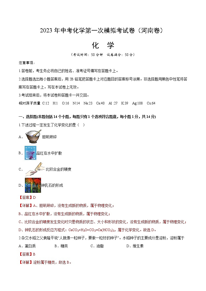 化学（河南卷）2023年中考第一次模拟考试卷（解析版）01