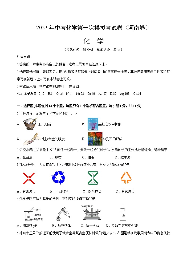 化学（河南卷）2023年中考第一次模拟考试卷（考试版）01