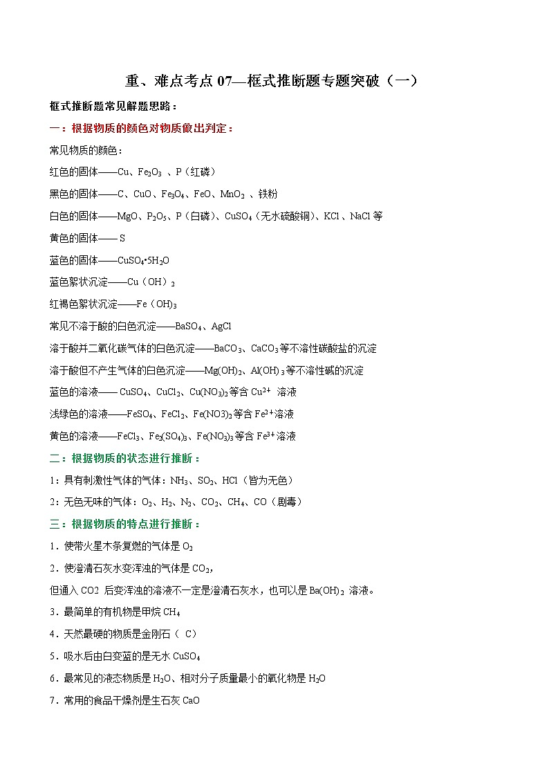 2023年中考化学二轮复习重难点考点07—框式推断题专题突破（一）（教师版）01