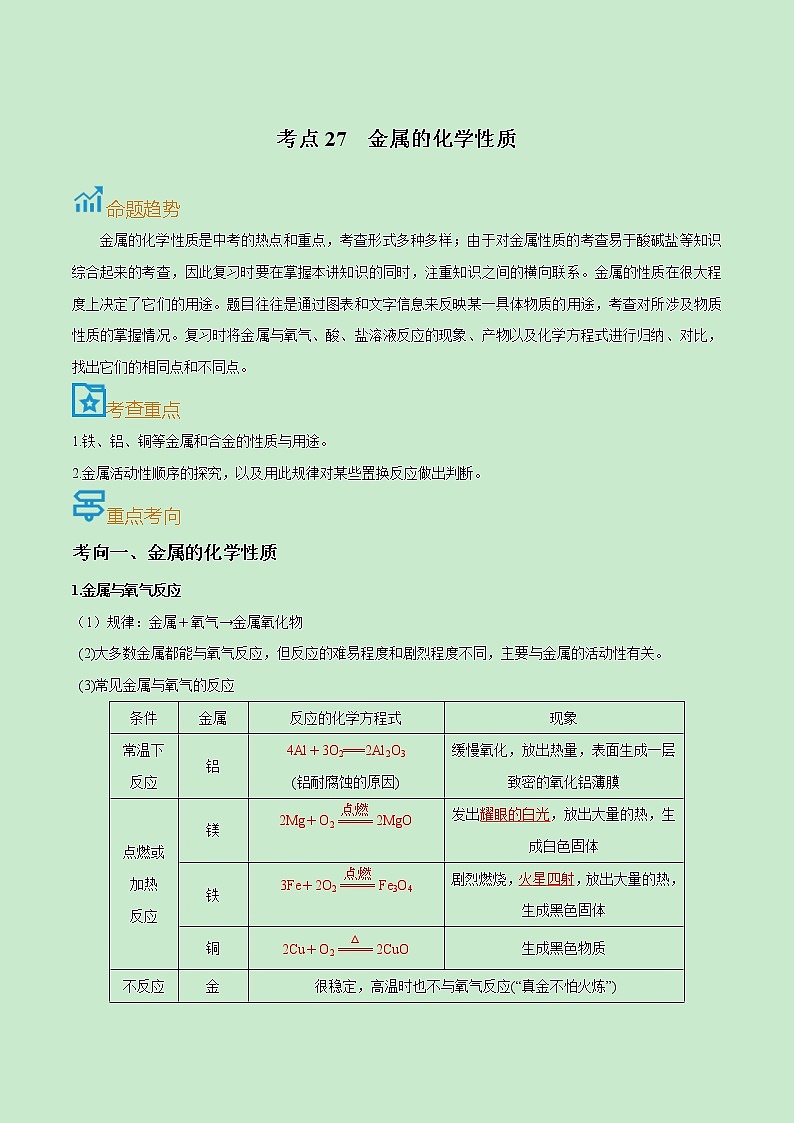 中考化学一轮复习过关练习考点27  金属的化学性质（教师版）第1页