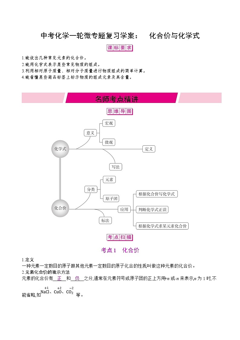 中考化学一轮微专题复习学案：化合价与化学式(教师版)第1页