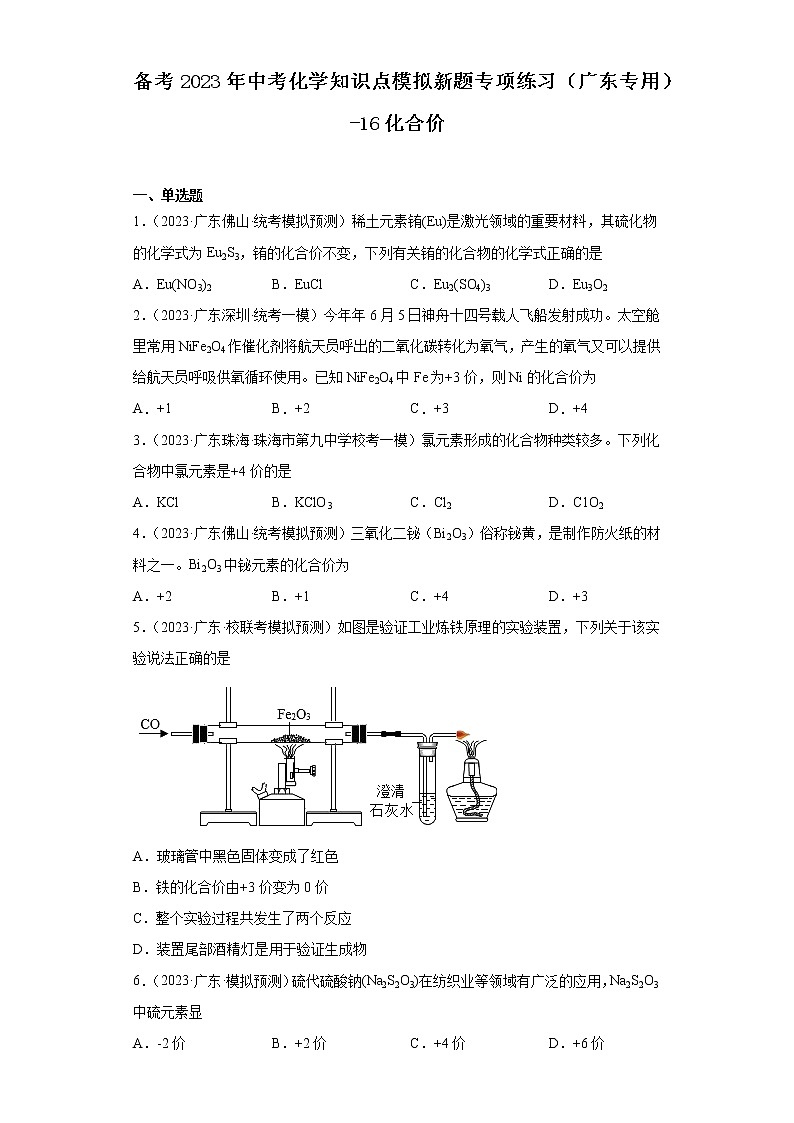 备考2023年中考化学知识点模拟新题专项练习（广东专用）-16化合价第1页