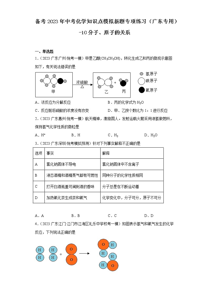 备考2023年中考化学知识点模拟新题专项练习（广东专用）-10分子、原子的关系第1页