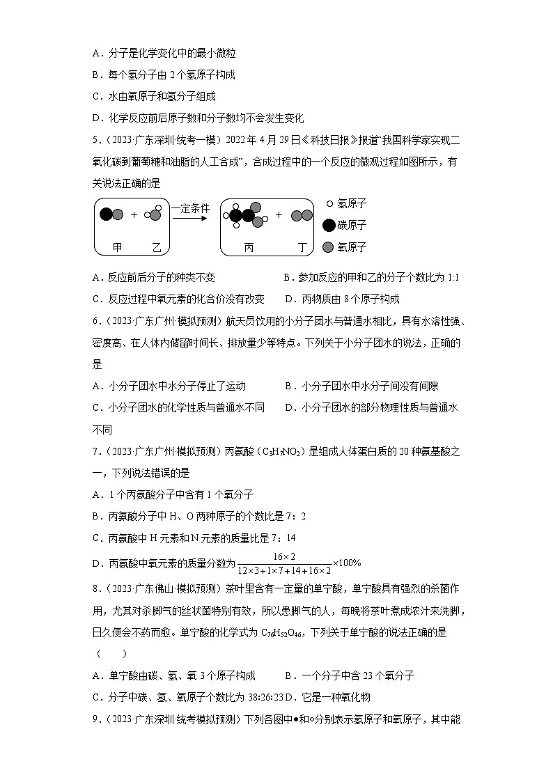 备考2023年中考化学知识点模拟新题专项练习（广东专用）-10分子、原子的关系第2页