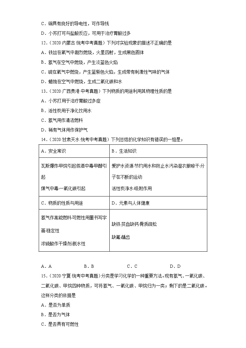 备考2023年中考化学真题专项练习（全国通用）-72氢气的化学性质第3页
