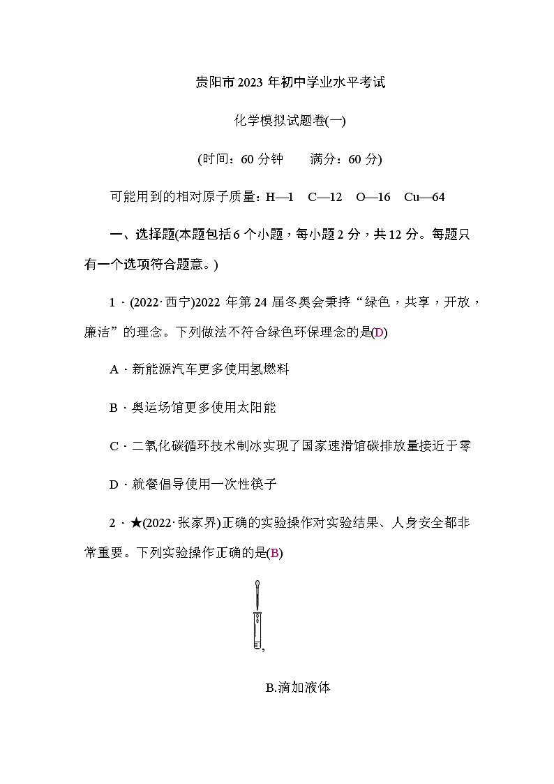 中考化学复习模拟试题卷(一)含答案第1页