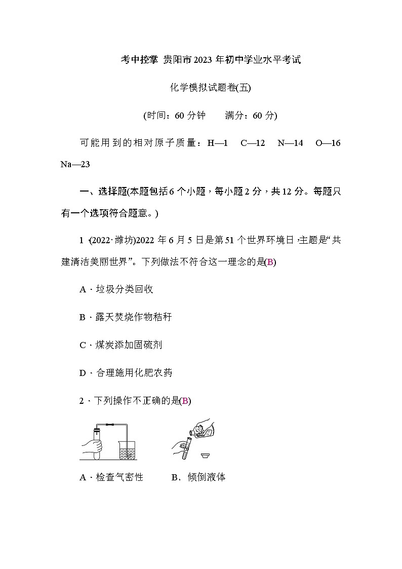 中考化学复习模拟试题卷(五)含答案第1页