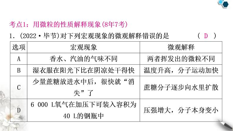 中考化学复习主题九构成物质的微粒元素练习课件第3页