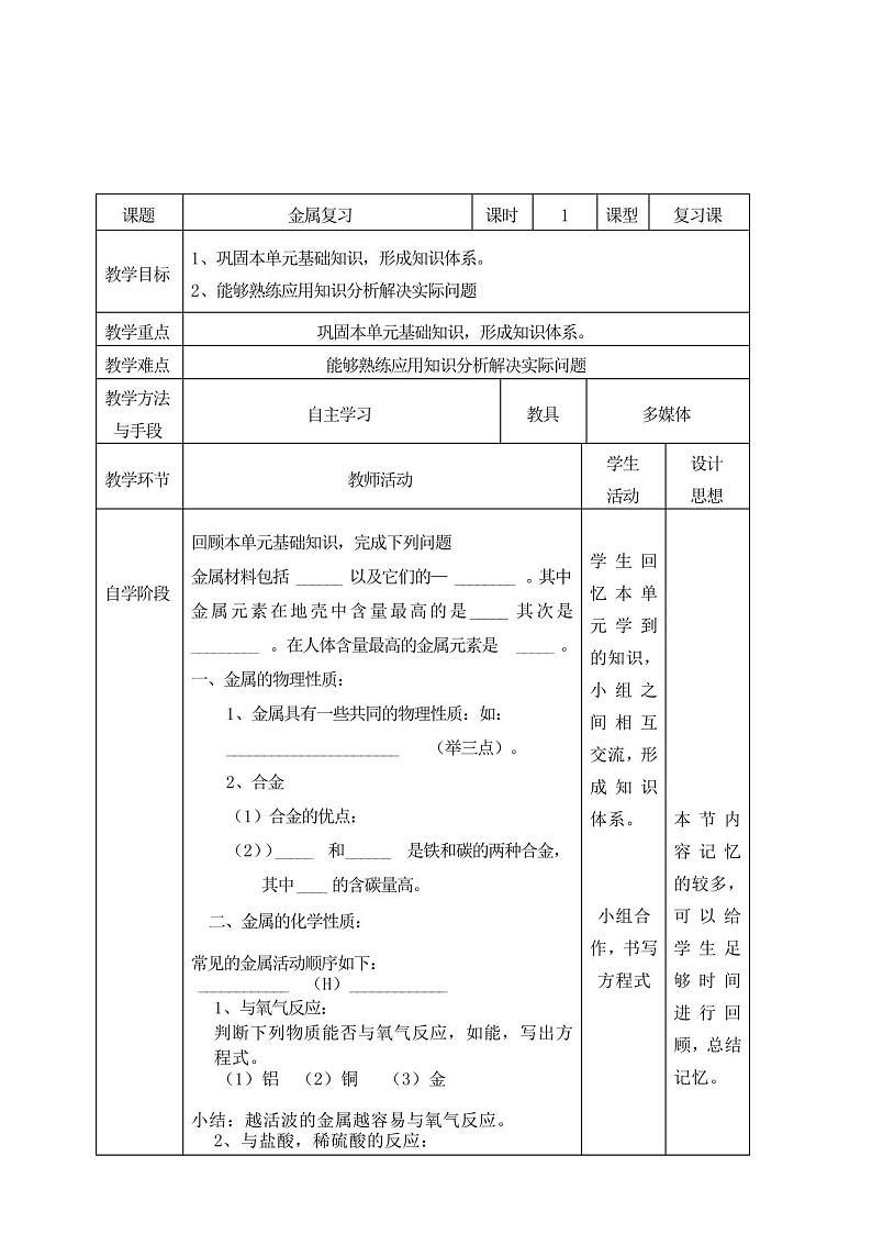 2020-2021学年人教版(五四学制)化学九年级全册第八单元金属复习教案01