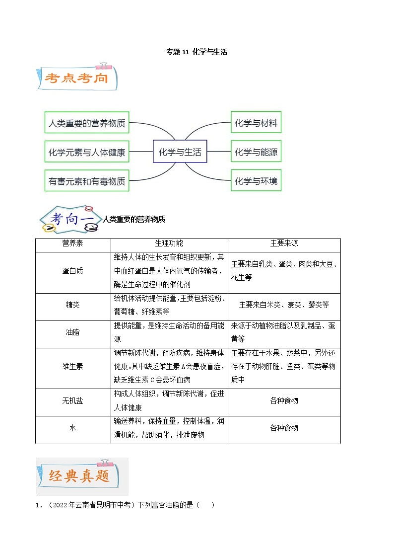 中考化学二轮复习考点练习专题11 化学与生活（考点详解）（教师版）第1页