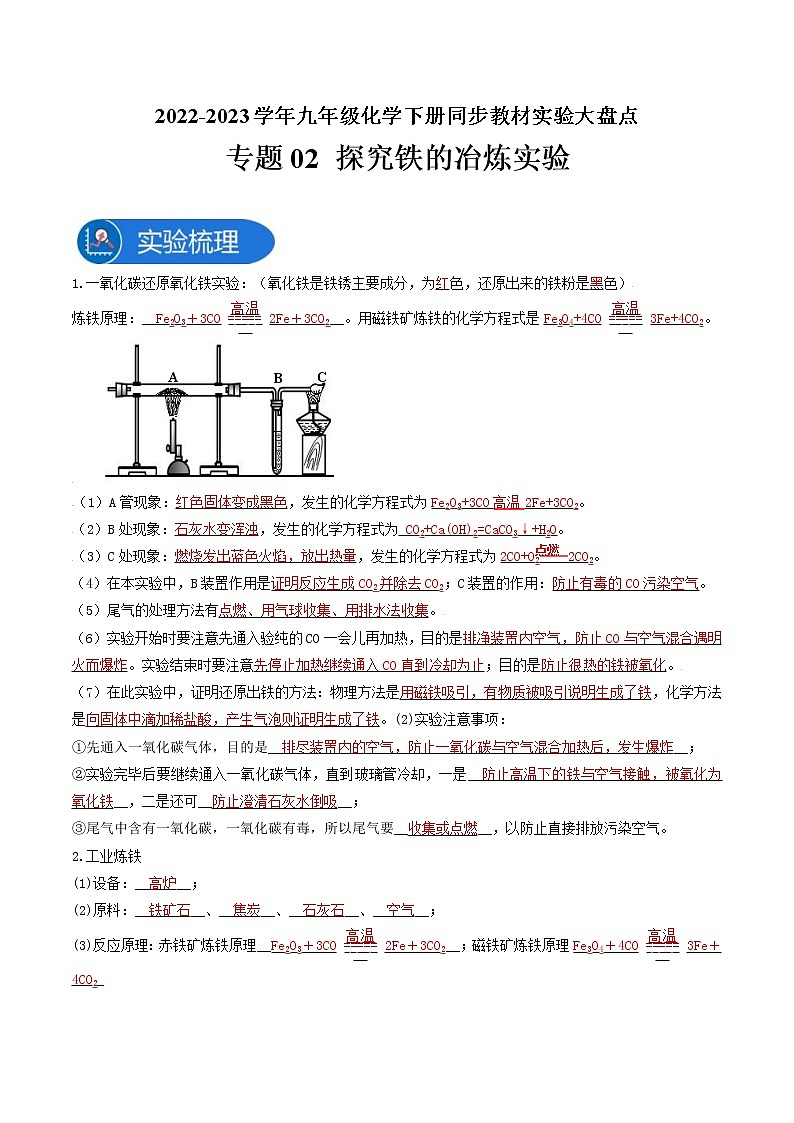 中考化学二轮复习(人教版)九下实验专题02探究铁的冶炼实验（教师版）01