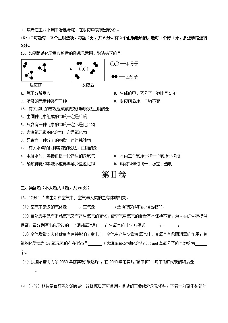 2023年中考第二次模拟考试卷：化学（上海卷）（考试版）A4第3页