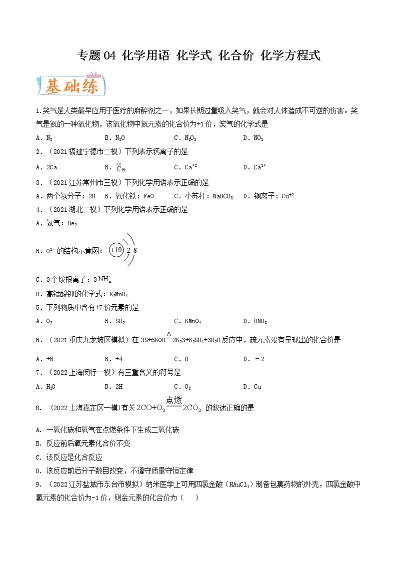 专题04 化学用语 化学式 化合价 化学方程式（考点专练）（学生版）-备战2023年中考化学考点微专题（全国通用）第1页