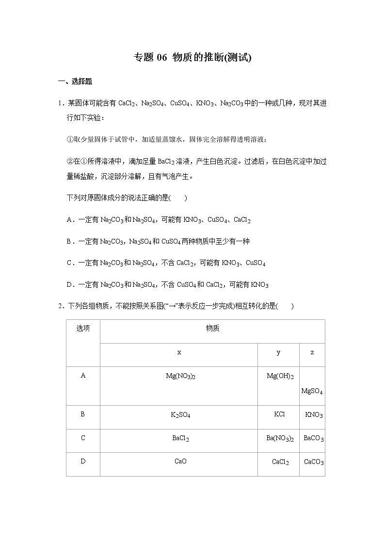 中考化学压轴题  专题06 物质的推断（测试）（原卷版）01