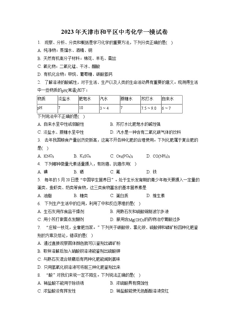 2023年天津市和平区中考化学一模试卷（含答案解析）01