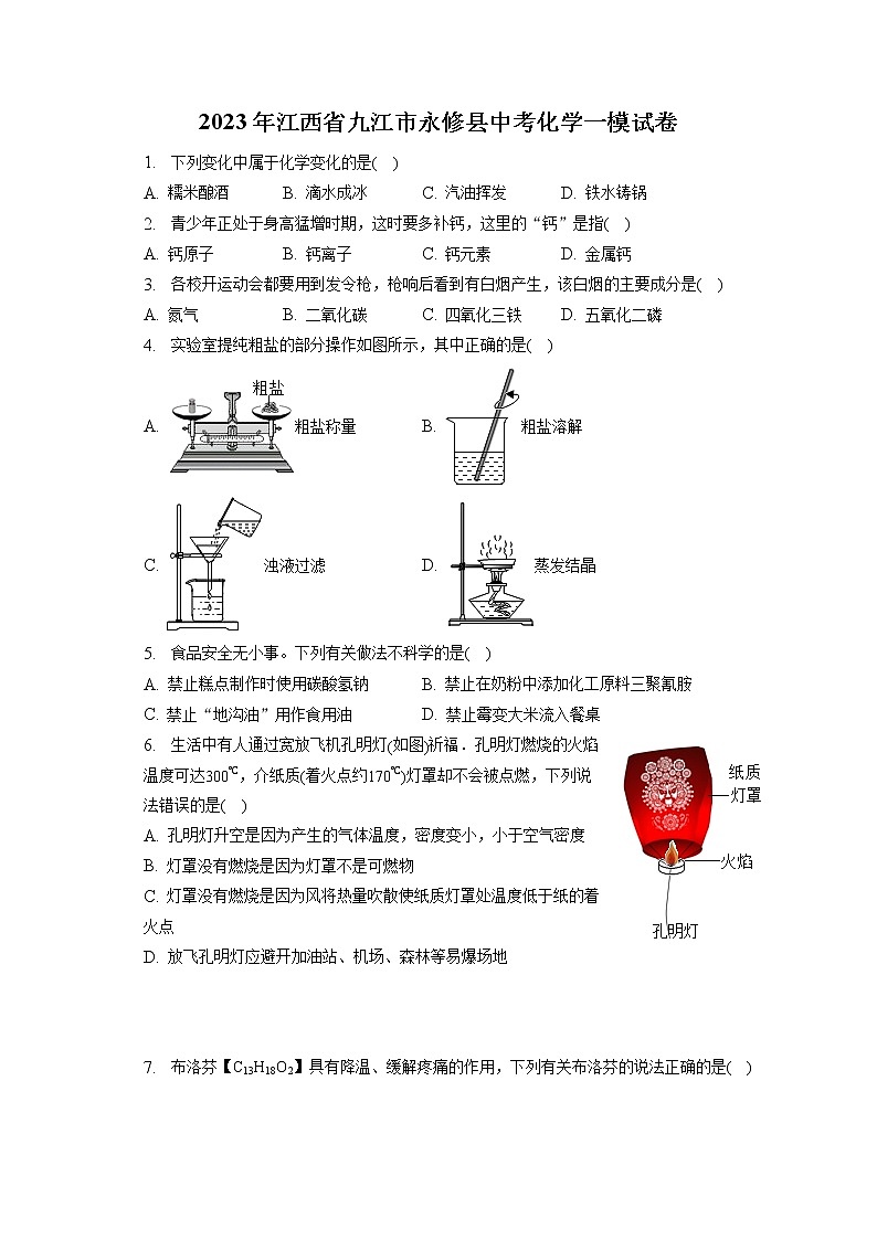 2023年江西省九江市永修县中考化学一模试卷（含答案解析）01