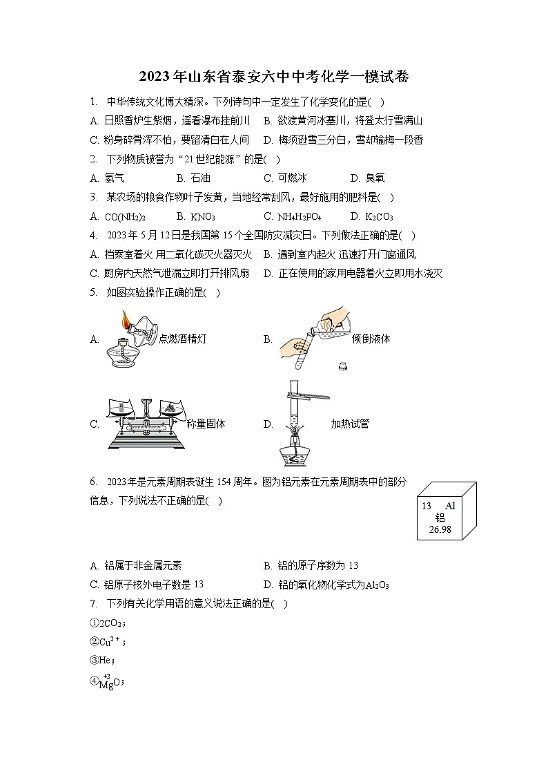 2023年山东省泰安六中中考化学一模试卷（含答案解析）01