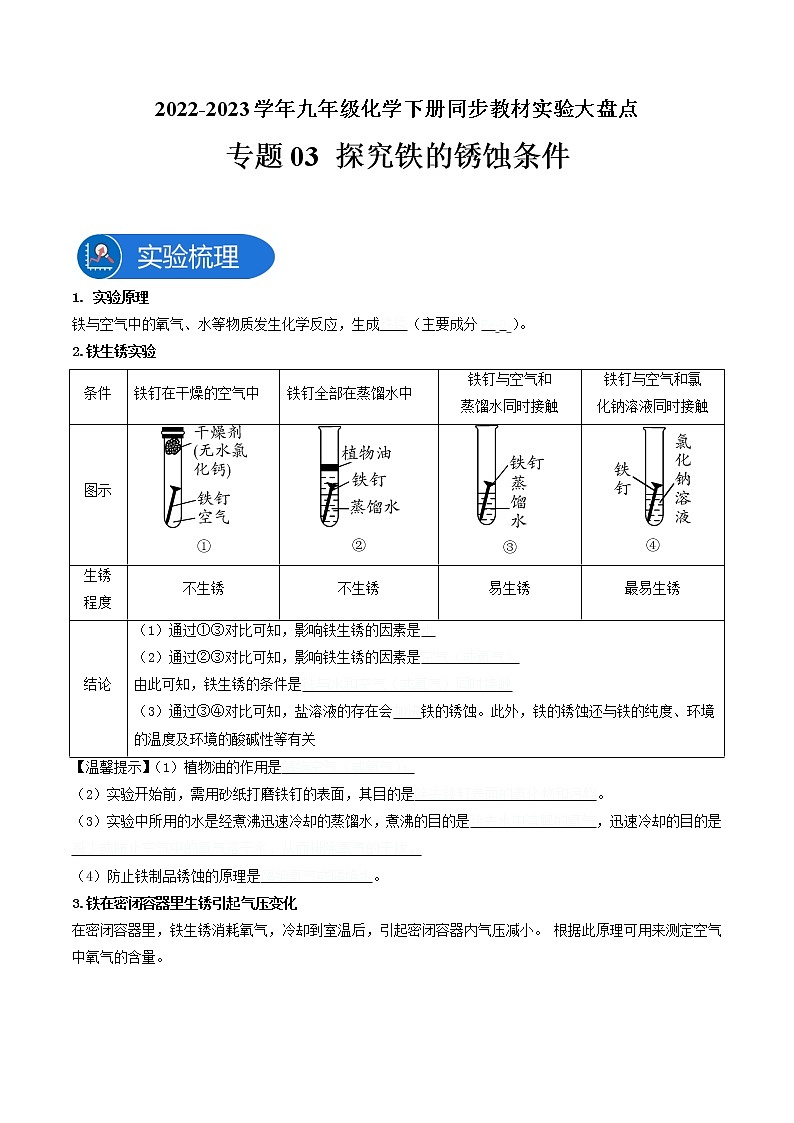 专题03探究铁的锈蚀条件—2022-2023学年九年级化学下册教材实验大盘点（人教版）（学生版）第1页