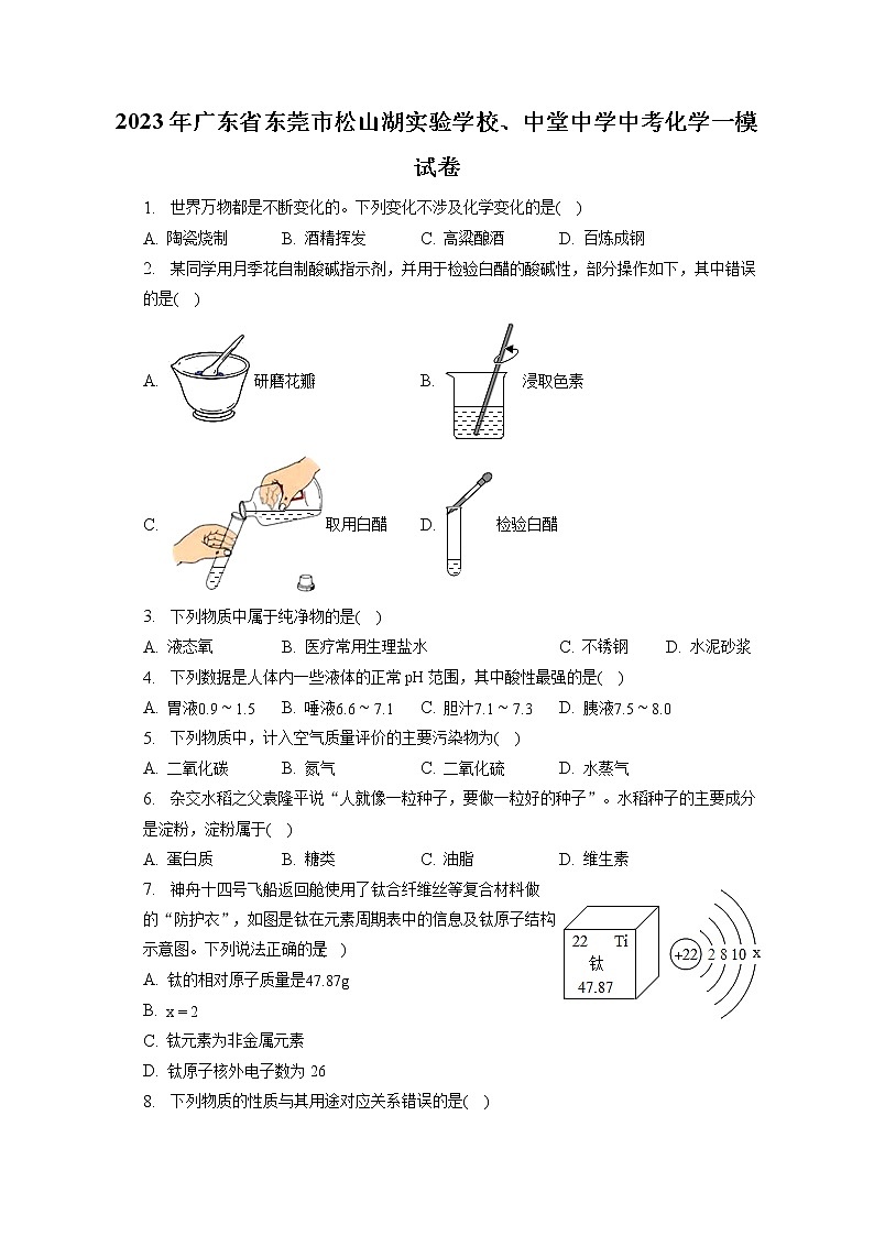 2023年广东省东莞市松山湖实验学校、中堂中学中考化学一模试卷（含答案解析）01