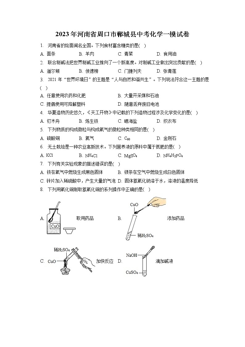 2023年河南省周口市郸城县中考化学一模试卷（含答案解析）第1页