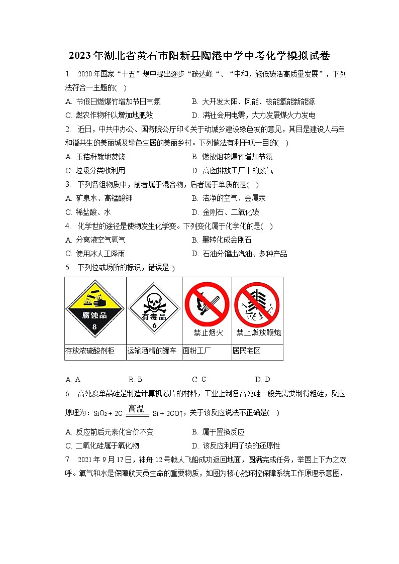 2023年湖北省黄石市阳新县陶港中学中考化学模拟试卷（含答案解析） (1)第1页