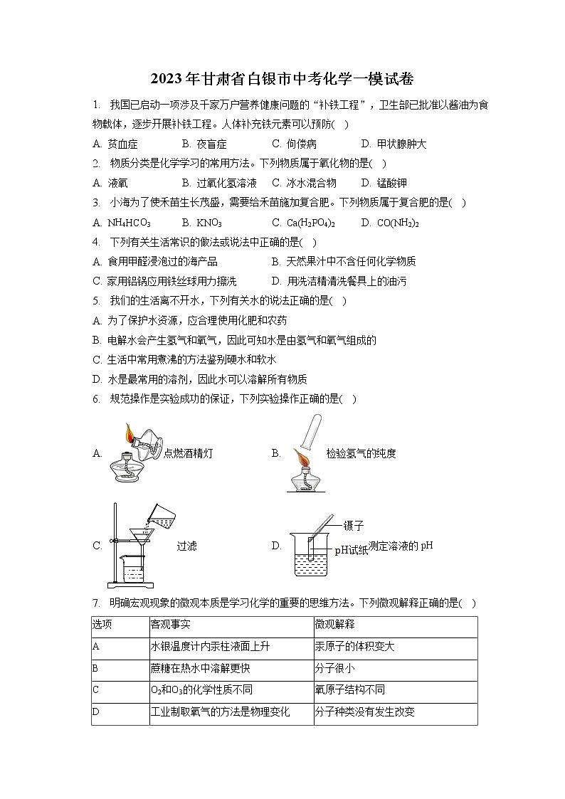 2023年甘肃省白银市中考化学一模试卷（含答案解析）01