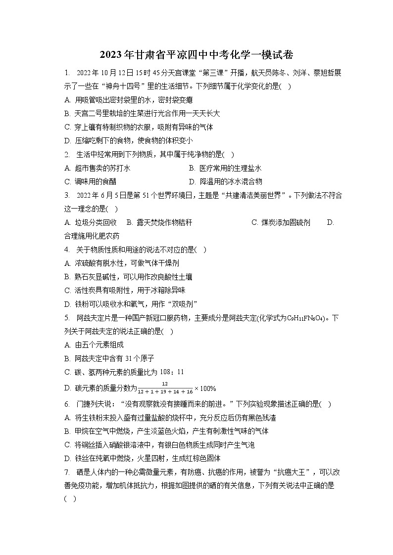 2023年甘肃省平凉四中中考化学一模试卷（含答案解析）第1页