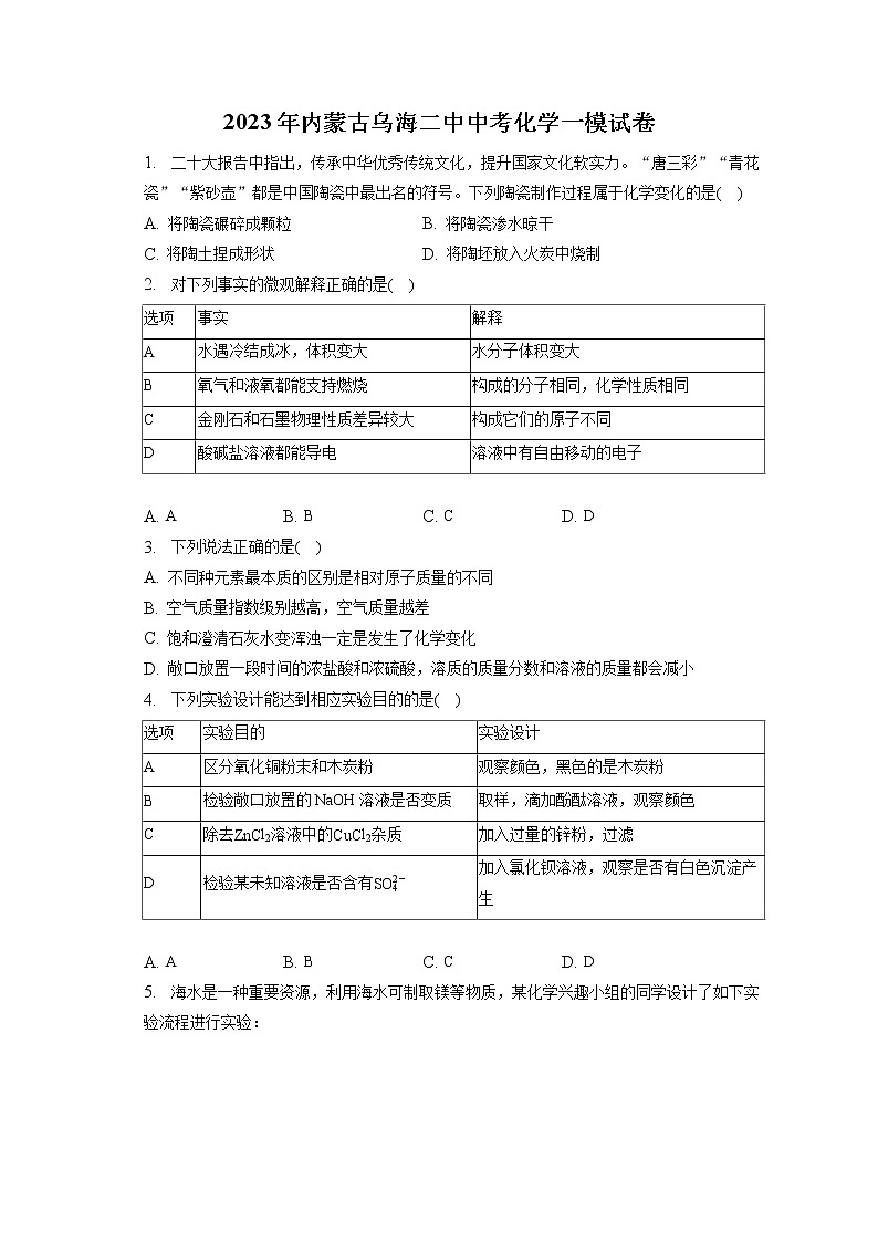 2023年内蒙古乌海二中中考化学一模试卷（含答案解析）01
