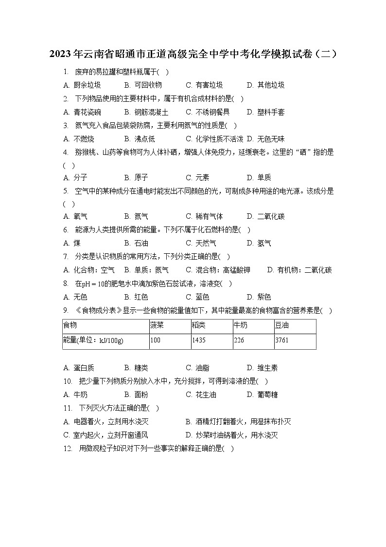 2023年云南省昭通市正道高级完全中学中考化学模拟试卷（二）（含答案解析）01