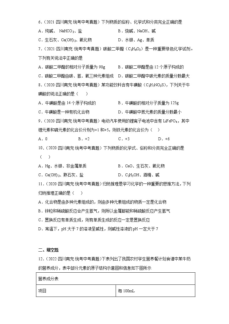 四川省南充市2020-2022三年中考化学真题知识点分类汇编-02物质构成的奥秘02