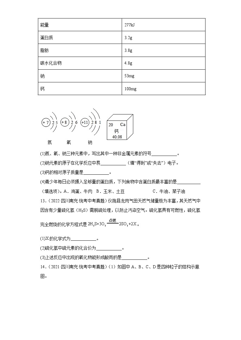 四川省南充市2020-2022三年中考化学真题知识点分类汇编-02物质构成的奥秘03