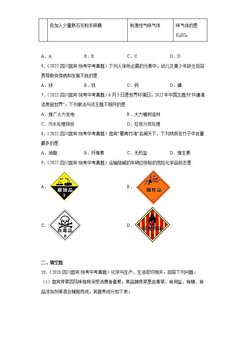 四川省宜宾市2020-2022三年中考化学真题知识点分类汇编-06化学与社会发展第2页